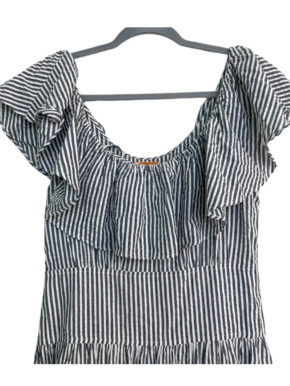 Tory Burch Striped Ruffle Midi Dress, embroidery on lower half, size 4
